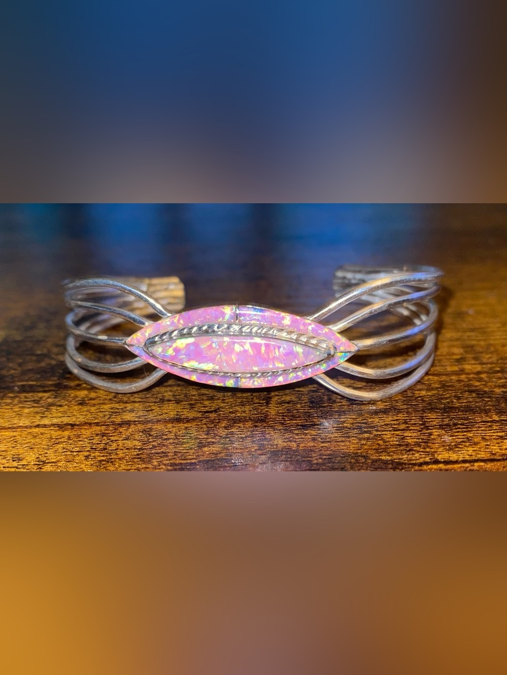 Native Made Pink Opal Marquise Statement Cuff Bracelet Sterling Silver